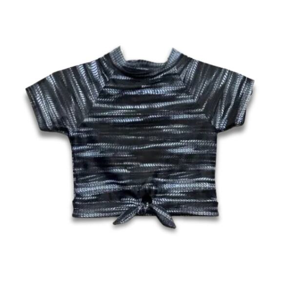 Z By Zella Swim Shirt High Neck Tie Front Short Sleeve Black Blue Girls 12 NWOT - Picture 1 of 7